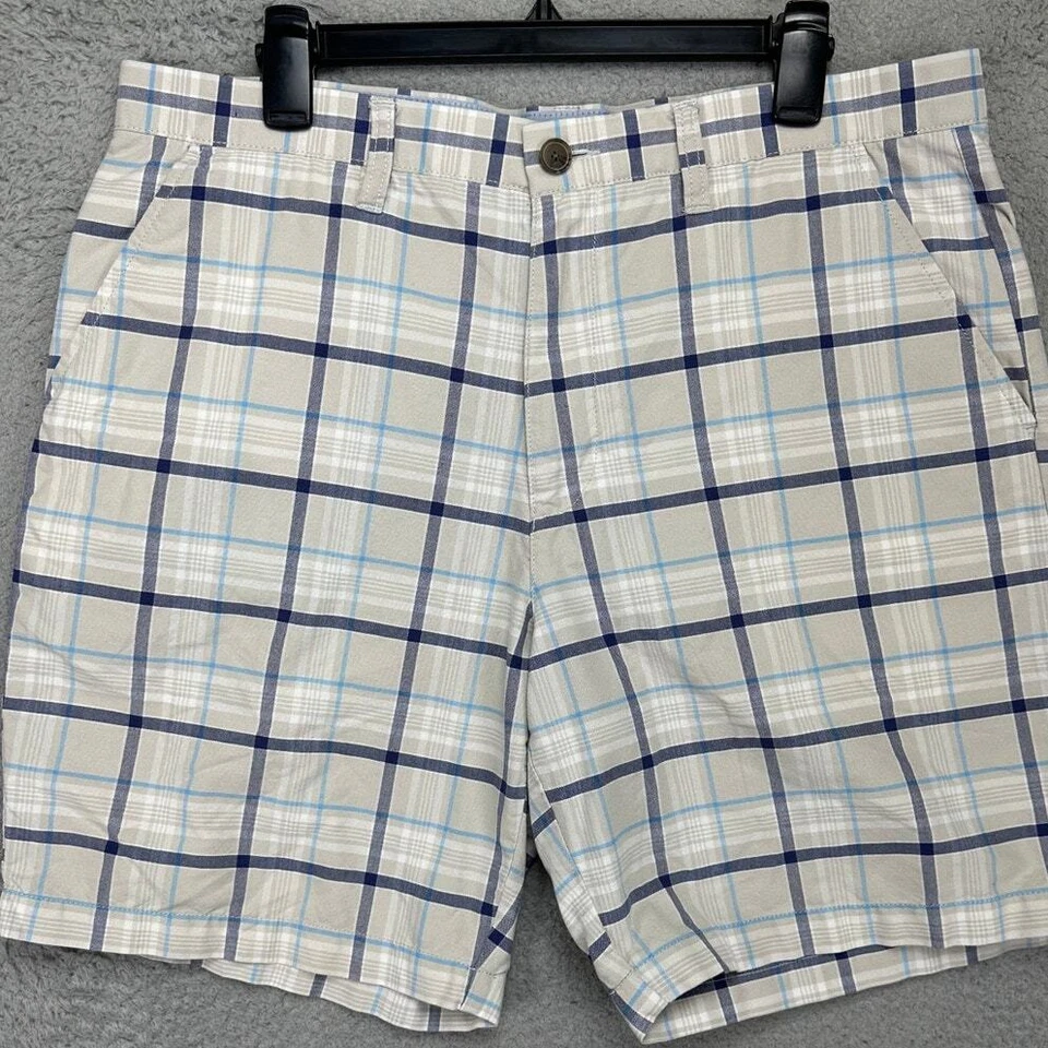 Croft Barrow 短裤男式 36 米色威尔士亲王格子 Khakis Chino 平前 — 第 1/4 张图片
