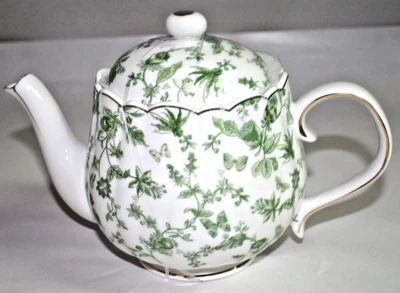 Tetera y tapa de porcelana fina con borde floral/dorado verde y blanco de Monterey Bay nueva Foto 1 de 3
