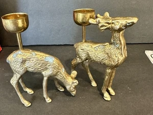 Brass Deer Christmas Taper Candle Holder Reindeer Set MCM Vintage - Picture 1 of 5