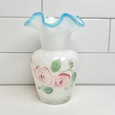 Vintage Fenton White Swirl Art Glass Vase Pink Roses Turquoise Ruffle Rim 6" - Image 1 of 4