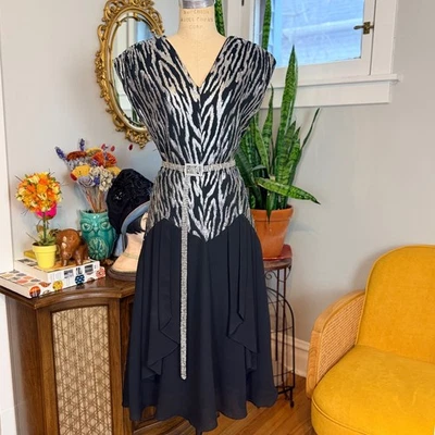 VTG John Roberts Silver Black Zebra V Neck Cap Sleeve Lurex Chiffon Dress - 10 - Image 1 of 4