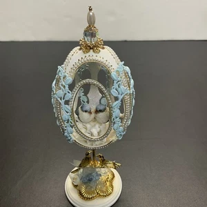 Decorative Goose Egg Bird Cage On Gold Plated Base w/2 Love Birds Hand Carved 7” - Picture 1 of 9