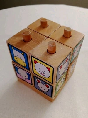 2 Vintage Wood Puzzle Learning Activities Block Cubes & Matching Farm Animals 3+ - Image 1 of 4