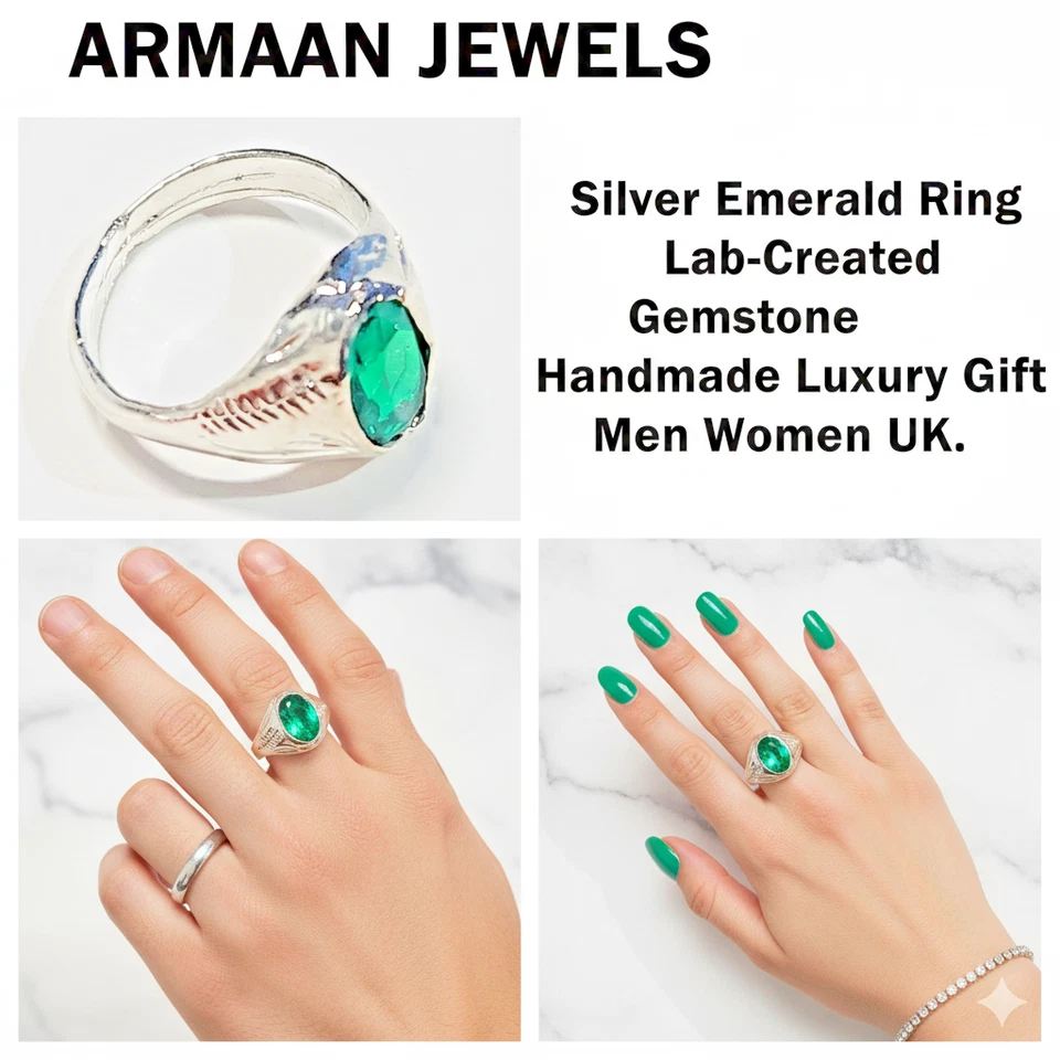 Anillo de plata esmeralda creado en laboratorio piedras preciosas hecho a mano regalo de lujo hombres mujeres Reino Unido Foto 1 de 4