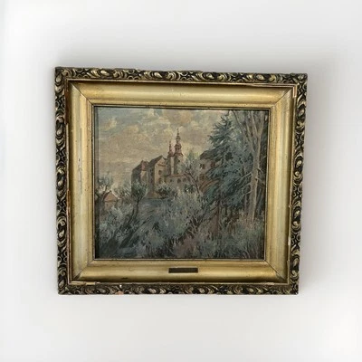 1929 Václav Černý Antique Czech Landscape Oil Painting of Village and Church - Image 1 of 4