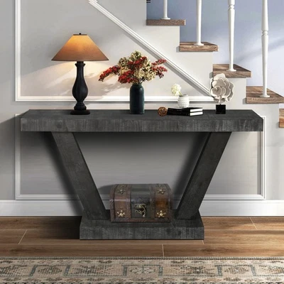 60" Farmhouse Wood Entryway Table with 2-Tier Storage Shelves for Living Room - Image 1 of 4