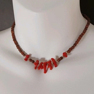 Collar Gargantilla Madera Rama Roja Coral Cuentas Vintage  Foto 1 de 4