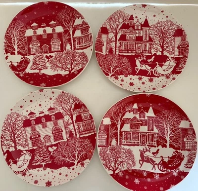 Juego de 4 Platos de Navidad Winter Wonderland Retro Rojo Mercado Mundial Trineo Foto 1 de 4