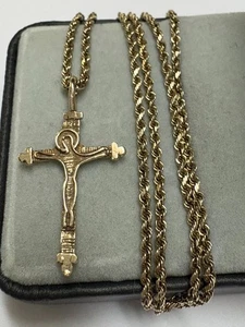VINTAGE 14K GOLD CRUCIFIX CROSS PENDANT, NECKLACE. 10K ROPE CHAIN. - Picture 1 of 14