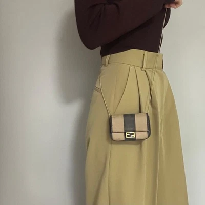 FENDI Nano Baguette Chain Bag Shoulder Pouch Purse FF Beige Gold Usesd Authentic - Image 1 of 4