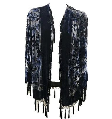 MSK Womens Open Kimono L Velvet Burnout Sheer Silk Beaded Boho Whimsigoth Tassel - Image 1 of 4