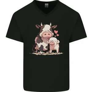 Love is a Cow and Pig Mens V-Neck Cotton T-Shirt - Picture 1 of 11