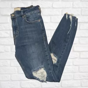 Free People Jeans Womens W27 Blue Denim Distressed Pants Button Skinny Freyed - Picture 1 of 8