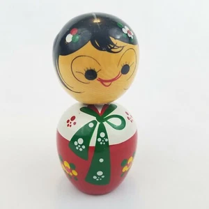 Koreanische Kokeshi Holz Wackelkopf Puppe Vintage Nodder 60er Jahre rot weiß grün - Bild 1 von 7