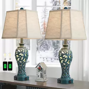 25'' Farmhouse Table Lamps Set of 2 for Living Room Bedroom, 2 USB Ports Coastal - Picture 1 of 7