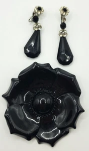 Vintage Large Oversized Black Enamel Metal Flower An Clip Earrings Brooch - Picture 1 of 5