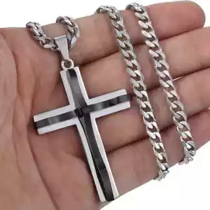 Stainless Steel Silver & Black Double Cross Men Necklaces, Chain, Great Gift - Picture 1 of 2