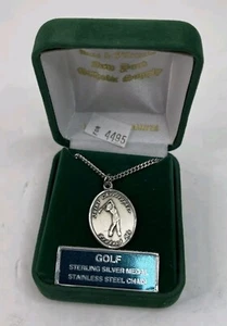Sterling Silver Pendant Stainless Steel Chain Saint Christopher Golf New - Picture 1 of 4