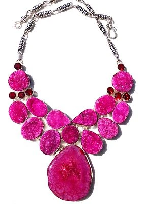 ENORME COLLAR ELEGANTE PLATA TIBETANA GEODA DRUZY ÁGATA ROSA  Foto 1 de 4
