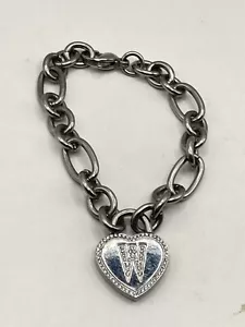 GM Stainless Steel Chain Link Charm Bracelet With Heart Lock W Rhinestone Charm - Picture 1 of 5