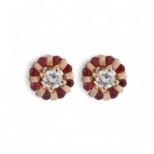 0.32 CTW Ruby Flower Earring Jackets 14K Yellow Gold 3 mm Studs Ladies Estate - Picture 1 of 11