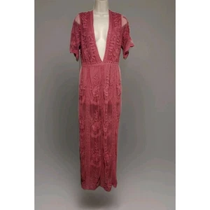 Maxi Vestido Honey Punch Para Mujer Talla Med Polvoriento Rosa Bajo Cuello en V Encaje Bordado Boho - Imagen 1 de 11