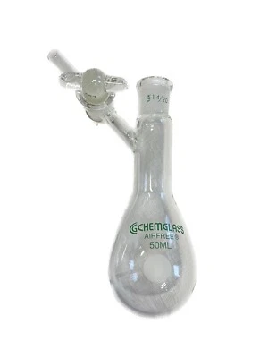 CHEMGLASS AIRFREE Glass 50mL Schlenk Reaction Flask 14/20 2mm Stpk AF-0520-03 - Image 1 of 4