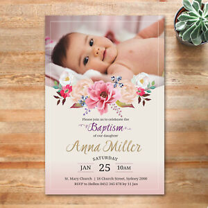 Personalised Baptism Christening Invitation Invite Floral with Photo-You Print