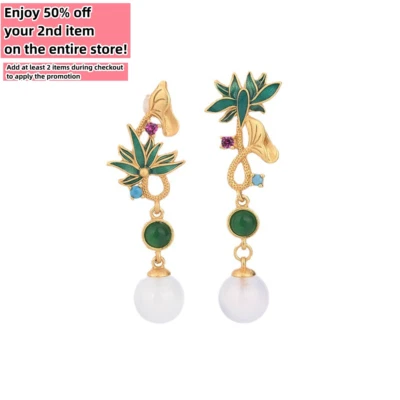Jade Asymmetrical Drop Dangle Earrings Flowers Bohemian 18K Gold Plated Gemstone - Image 1 of 4