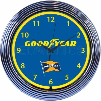 Letrero de reloj de neón Goodyear Tire con licencia buen año carreras garaje lámpara de pared luz Foto 1 de 2