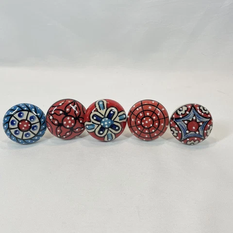 Cabinet Drawer Knob Pulls Ceramic Red and Blue flower Dots lot of 5 Vintage Cover