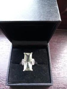 Silver 925 Green Amethyst Baguette And Diamonds Ring R 1/2 Nwot - Picture 1 of 4