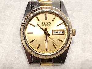 Vintage Seiko SQ Day Date Watch Gold Dial Stainless Steel Three Jewels Women's