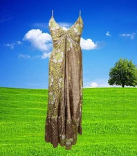 Womens Summer Maxi Dress, Halter Dresses, Beige Print Swing Strap Boho Beach S/M