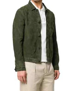 New Green Men Pure Suede Leather Button Down Shirt Full Sleeves Trucker Jacket - Picture 1 of 5