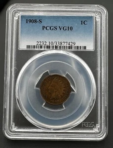 1908 S Indian Head 1 Cent PCGS VG 10, Nice Semi-Key Date Coin - Picture 1 of 5