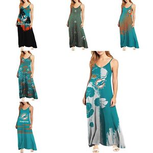 Miami Dolphins Women's Loose V-Neck Slip Maxi Dress Spaghetti Strap Long Dress