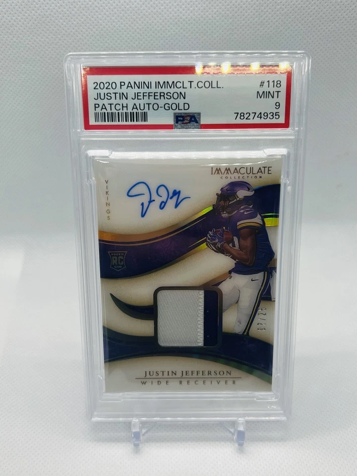 2020 Immaculate Justin Jefferson Gold #/25 2 Color RPA PSA 9 Pop 2 None Higher - Image 1 of 3