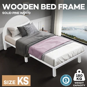 King Single Bed Frame Solid Wood Mattress Platform Base Round Headboard White - Picture 1 of 9