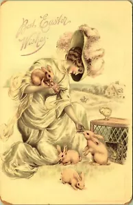 Bella Signora Edoardiana Abito Allegra Vedova Cappello Coniglietti Gel Pasqua Oro Cartolina - Foto 1 di 2