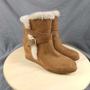 Unisa Lancaster Winter Boots Women 6 5 M Brown Faux Suede Fur Trim Zip Ankle - Picture 1 of 9
