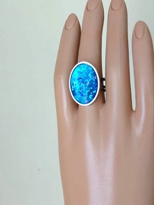 Opal Ring Ice Blue Resin Opal Ring 18-KT GP or Silver Stainless-Steel 18x25mm - Image 1 of 2