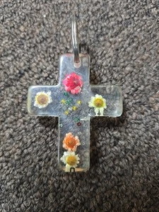 Vintage Keychain Acrylic Cross Flowers Christian - Picture 1 of 4