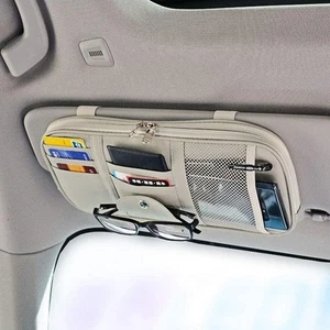 Leather Car Sun Visor Organizer Pocket Card Storage Holder Net Zipper - Grey - Picture 1 of 5