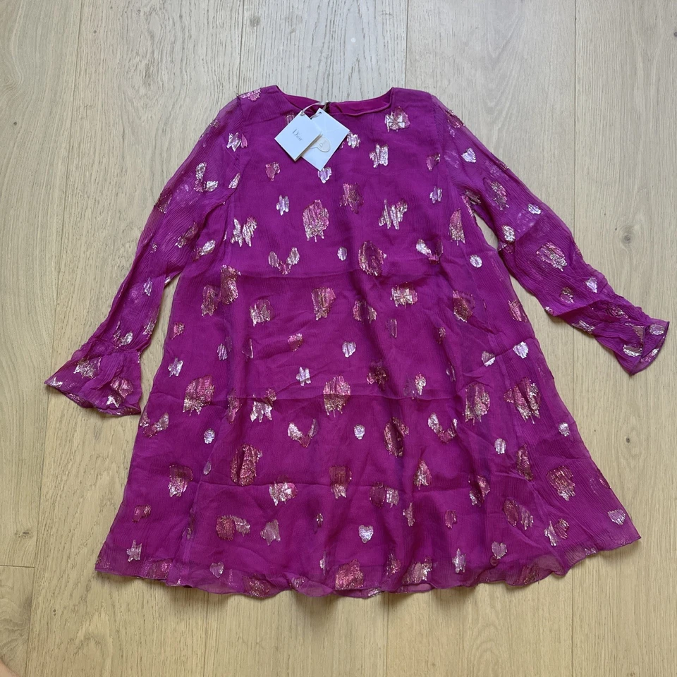 NUEVO CON ETIQUETAS 100% Auténtico Vestido Christian Dior SEDA para Niñas - Talla 8 Años - FUSCSIA Foto 1 de 4