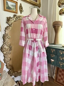 Vintage Blair Pink Checkered Plaid Button Dress M/L - Picture 1 of 4