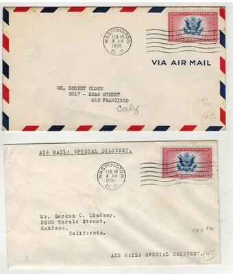 1938 AIRMAIL SPECIAL DELIVERY CE2 SET OF 2 FDCs PLAIN ENV. & AIR BORDER - Image 1 of 2