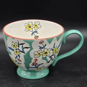 Paper Source Handpainted Turquoise Floral Pedestal Mug Coffee Tea Cottage Decor - Picture 1 of 14