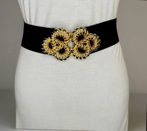 Vintage 1980s Black Stretch Belt Gold tone Rope Twist Buckle Versatile; 34-44” - Picture 1 of 8