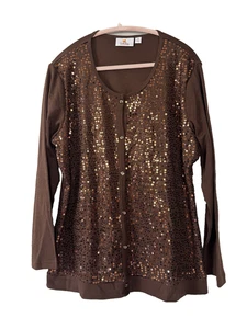 Quacker Factory XL Brown Sequin Cardigan Plus Size 2-in-1 Fall Layers Sparkle - Picture 1 of 7
